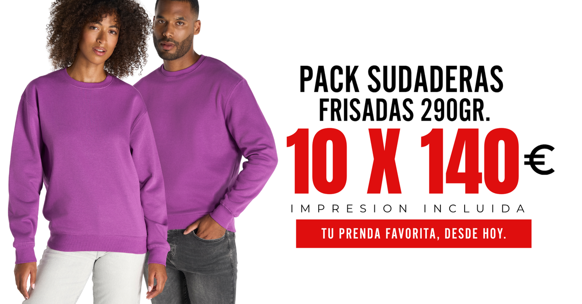 Pack de 10 sudaderas de cuello redondo personalizadas por 140 €, impresión incluida