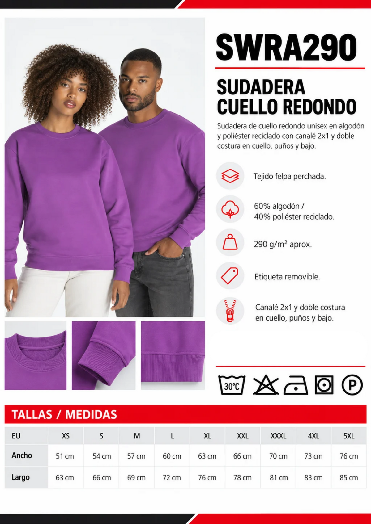 Ficha técnica SWRA290: sudadera de cuello redondo y tabla de tallas