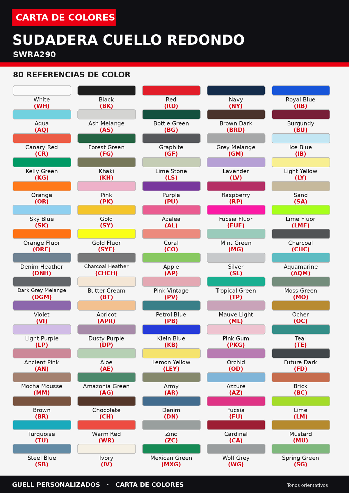 Carta de colores de la sudadera de cuello redondo SWRA290