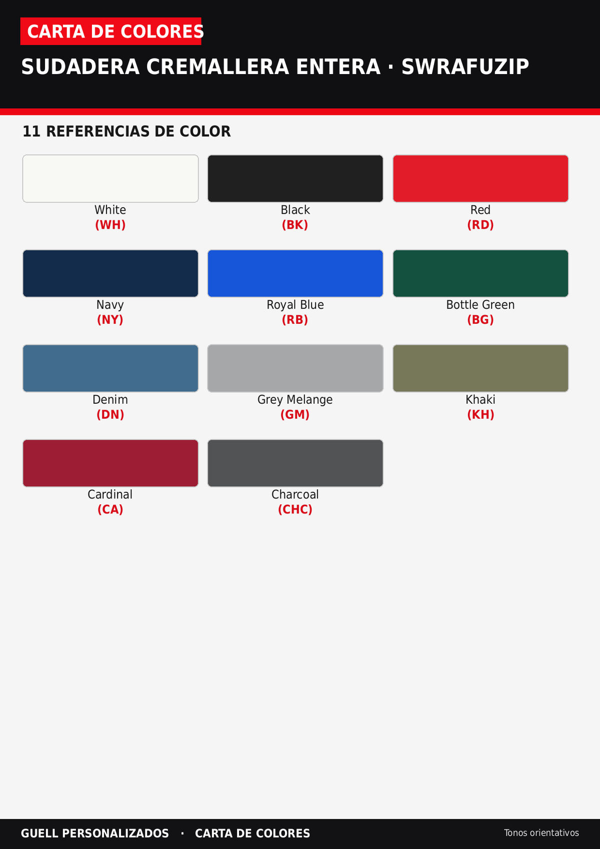 Carta de colores de la sudadera de cremallera entera SWRAFUZIP